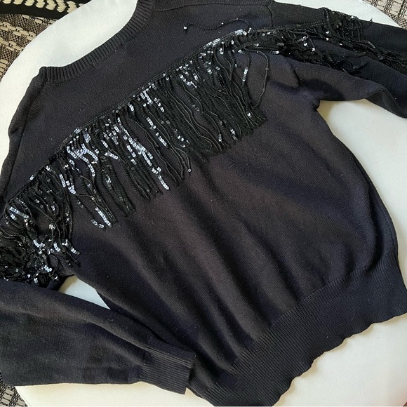 Mod on Trend Black Sweater with Sequin Fringe Medium Cowgirl Southern Glitter - Picture 4 of 7
